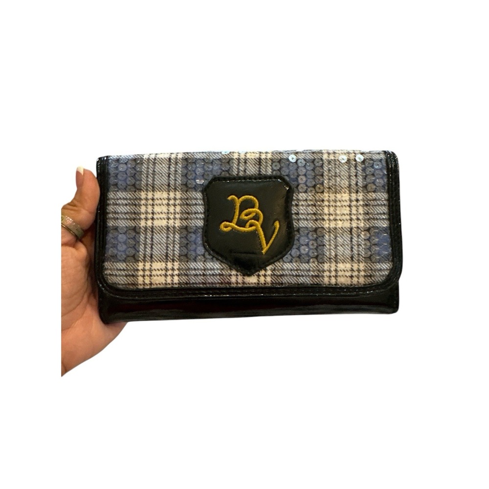 Betseyville by Betsey Johnson Plaid Sequined Wallet Blue Black Faux‎ Leather